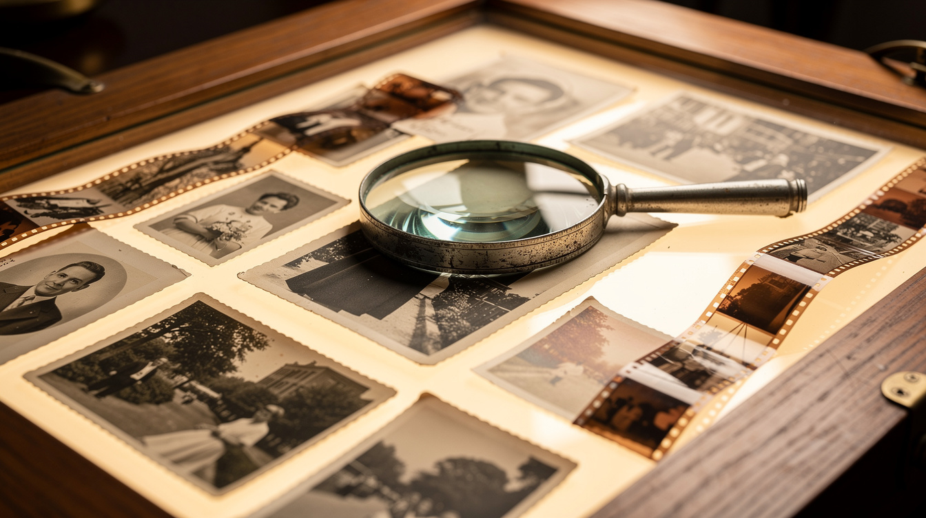 Vintage photographs and film negatives spread on a light table