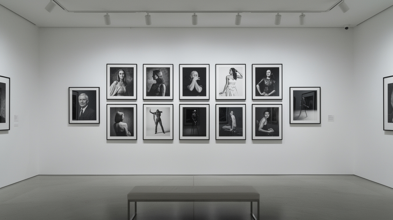 Gallery wall with framed black and white photographs