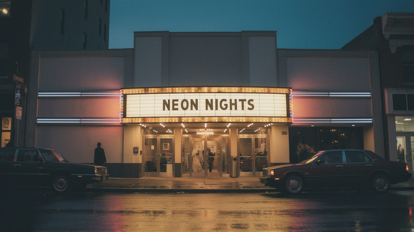 Illuminated vintage cinema marquee at dusk
